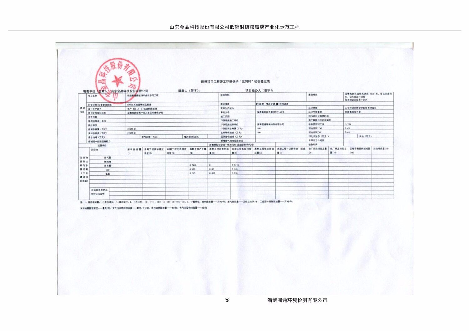 山东今年会科技股份有限公司低辐射镀膜玻璃环保验收报告